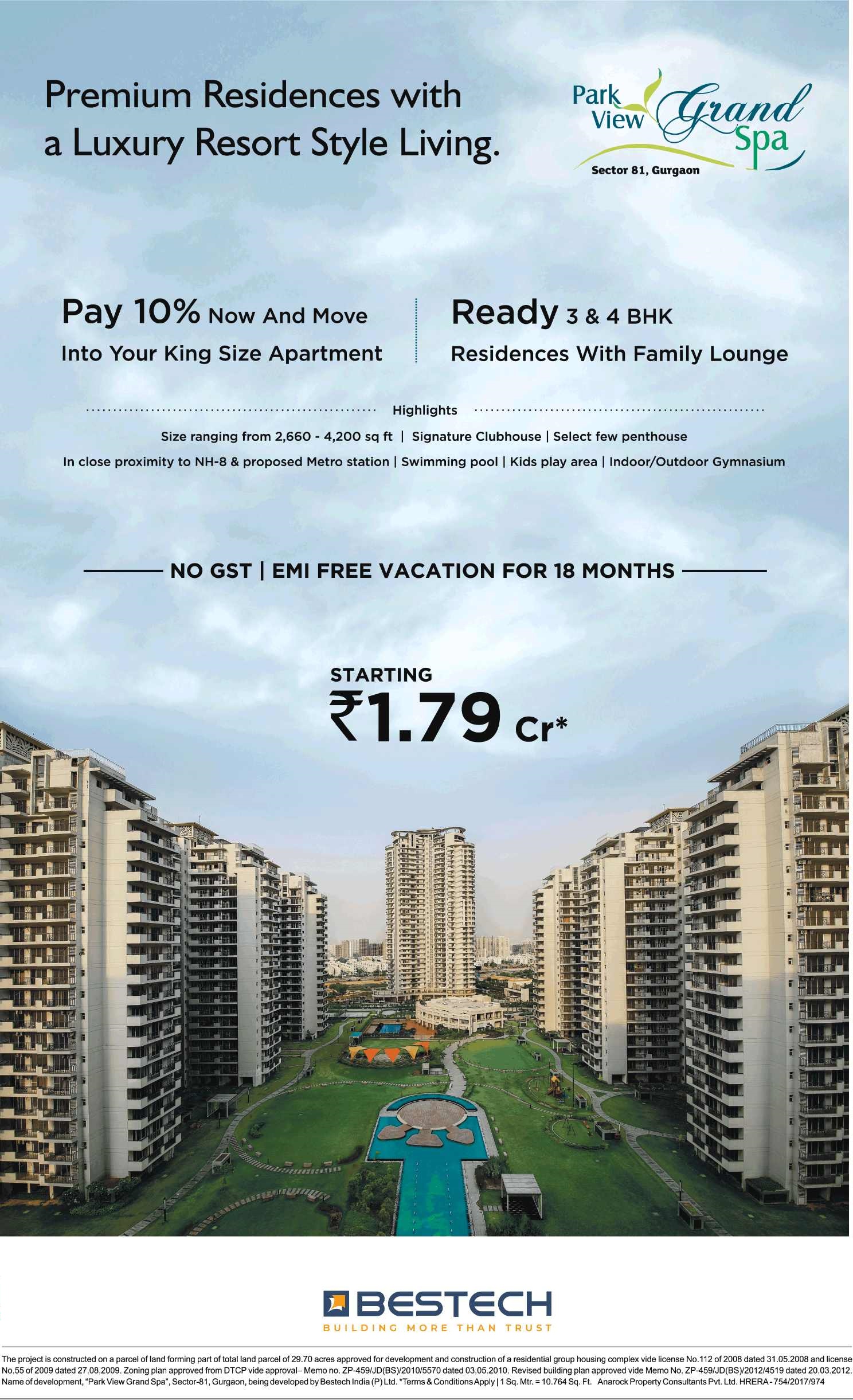 Avail premium residencies with a luxury resort style living at Bestech Park View Grand Spa in Gurgaon Update